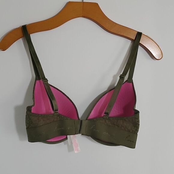 PINK Victoria's Secret Wear Everywhere T-Shirt Lightly Lined Green Lace 32DD - Picture 3 of 11